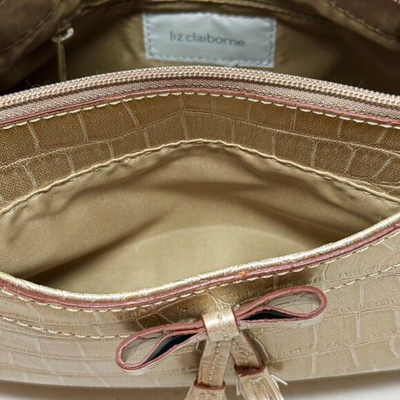 Liz Claiborne Y2K Metallic Gold Faux Croc Baguette Purse Bow Accent Single Strap - Picture 11 of 11